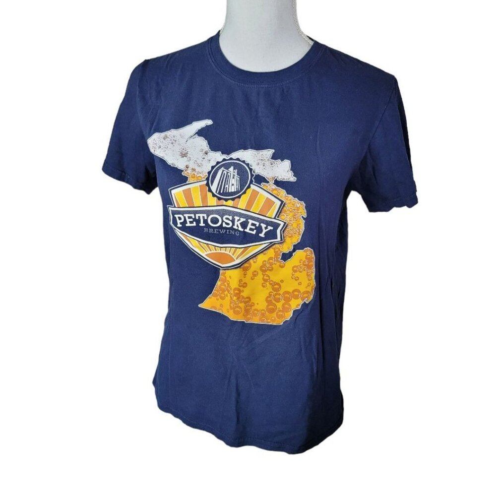 Gildan Petoskey Brewing Company Tee Shirt Blue Womens Small Michigan Beer Mitten
